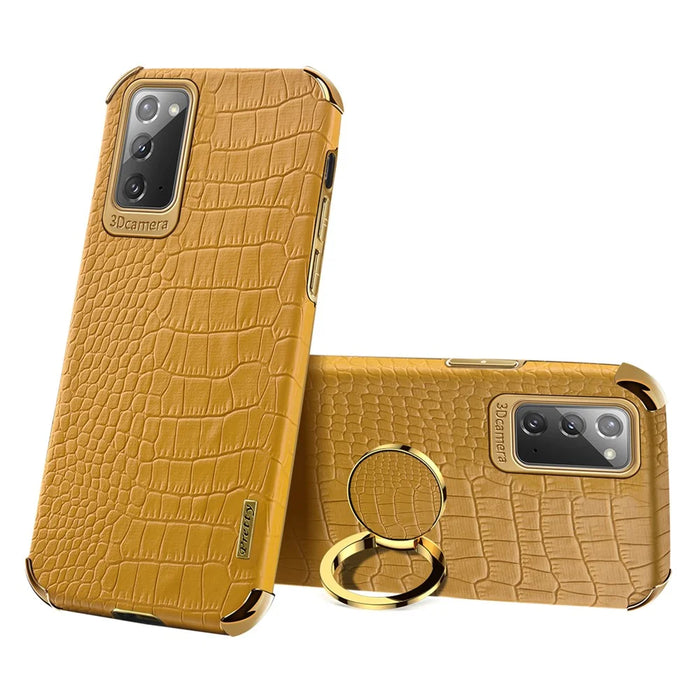 For Samsung Galaxy Note20 5G/4G 6D Electroplated Crocodile Texture Kickstand Phone Case PU Leather Coated TPU Shell - Yellow - 1