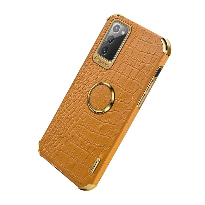 For Samsung Galaxy Note20 5G/4G 6D Electroplated Crocodile Texture Kickstand Phone Case PU Leather Coated TPU Shell - Yellow - 2