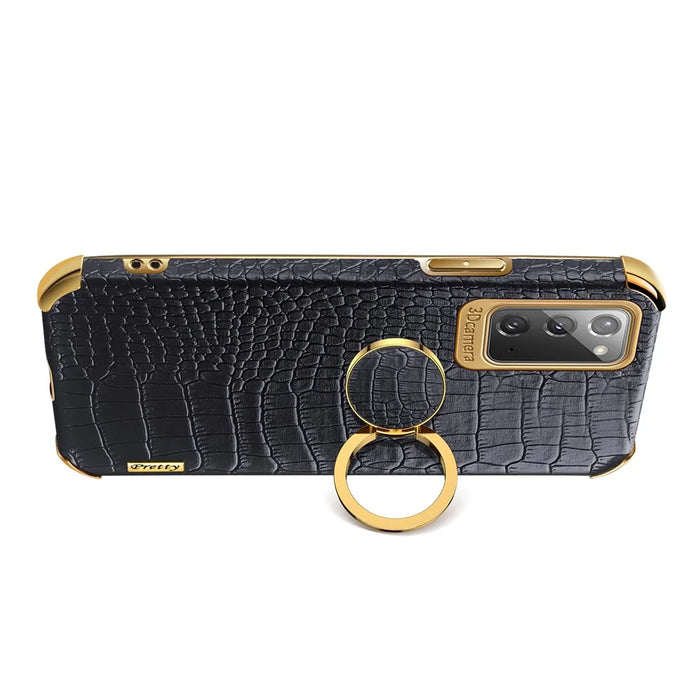For Samsung Galaxy Note20 5G/4G 6D Electroplated Crocodile Texture Kickstand Phone Case PU Leather Coated TPU Shell - Yellow - 5