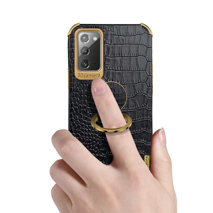 For Samsung Galaxy Note20 5G/4G 6D Electroplated Crocodile Texture Kickstand Phone Case PU Leather Coated TPU Shell - Yellow - 6