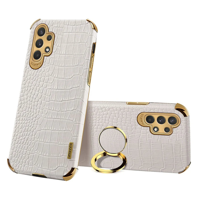 For Samsung Galaxy A32 5G/M32 5G Crocodile Texture PU Leather Coated TPU Case 6D Electroplated Kickstand Cover - White - 1