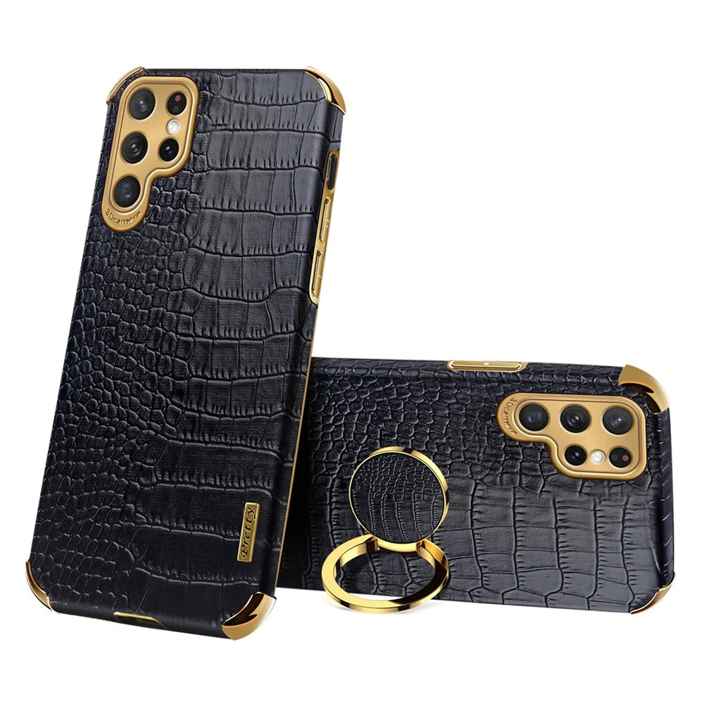 For Samsung Galaxy S22 Ultra 5G Shockproof Phone Cover Bag Crocodile Texture Kickstand Electroplating Finger Ring Holder PU Leather Coated TPU Phone Case - Black - 1