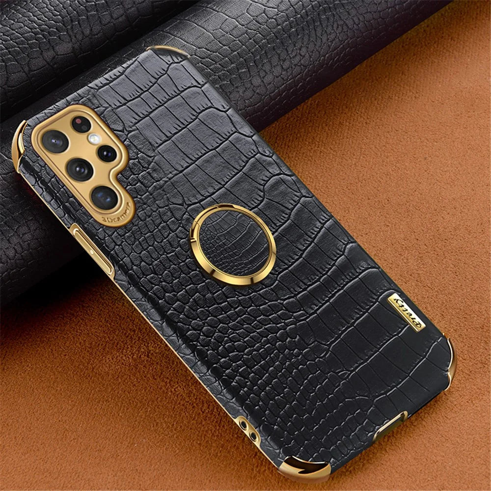 For Samsung Galaxy S22 Ultra 5G Shockproof Phone Cover Bag Crocodile Texture Kickstand Electroplating Finger Ring Holder PU Leather Coated TPU Phone Case - Black - 2