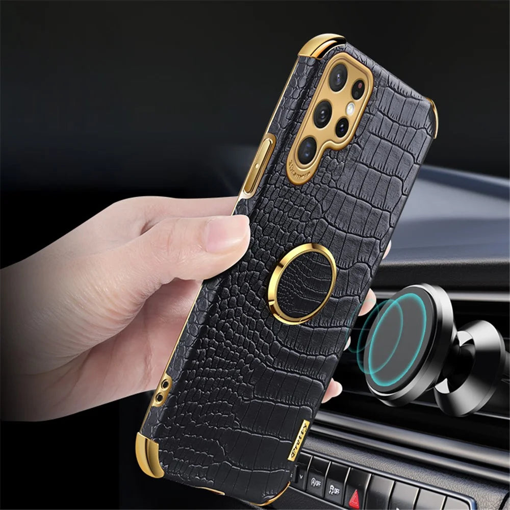 For Samsung Galaxy S22 Ultra 5G Shockproof Phone Cover Bag Crocodile Texture Kickstand Electroplating Finger Ring Holder PU Leather Coated TPU Phone Case - Black - 3