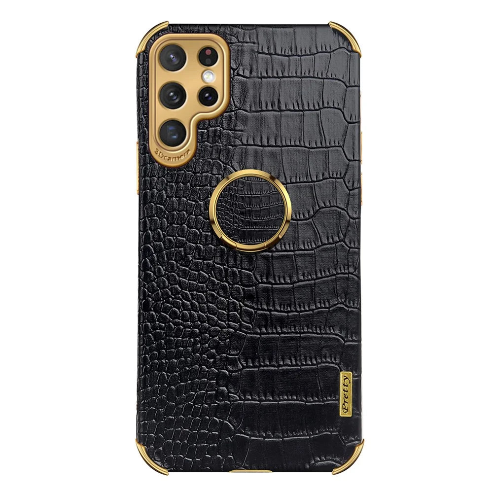 For Samsung Galaxy S22 Ultra 5G Shockproof Phone Cover Bag Crocodile Texture Kickstand Electroplating Finger Ring Holder PU Leather Coated TPU Phone Case - Black - 4