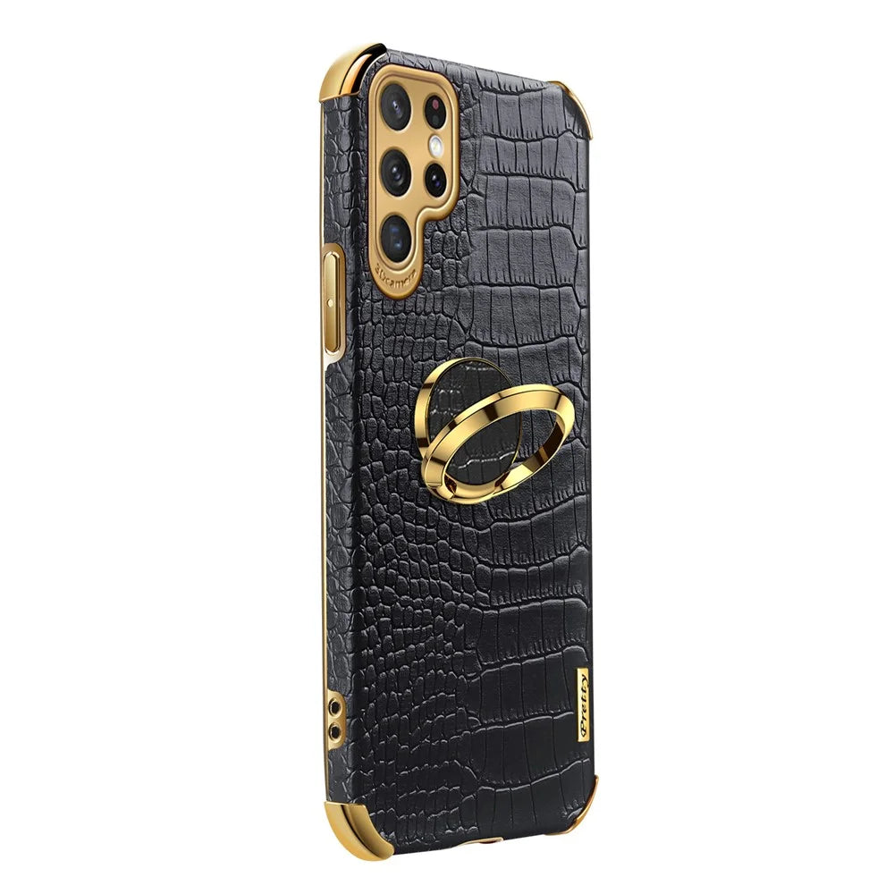 For Samsung Galaxy S22 Ultra 5G Shockproof Phone Cover Bag Crocodile Texture Kickstand Electroplating Finger Ring Holder PU Leather Coated TPU Phone Case - Black - 5