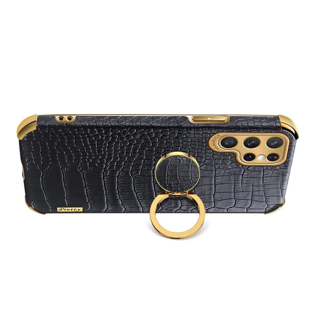 For Samsung Galaxy S22 Ultra 5G Shockproof Phone Cover Bag Crocodile Texture Kickstand Electroplating Finger Ring Holder PU Leather Coated TPU Phone Case - Black - 6