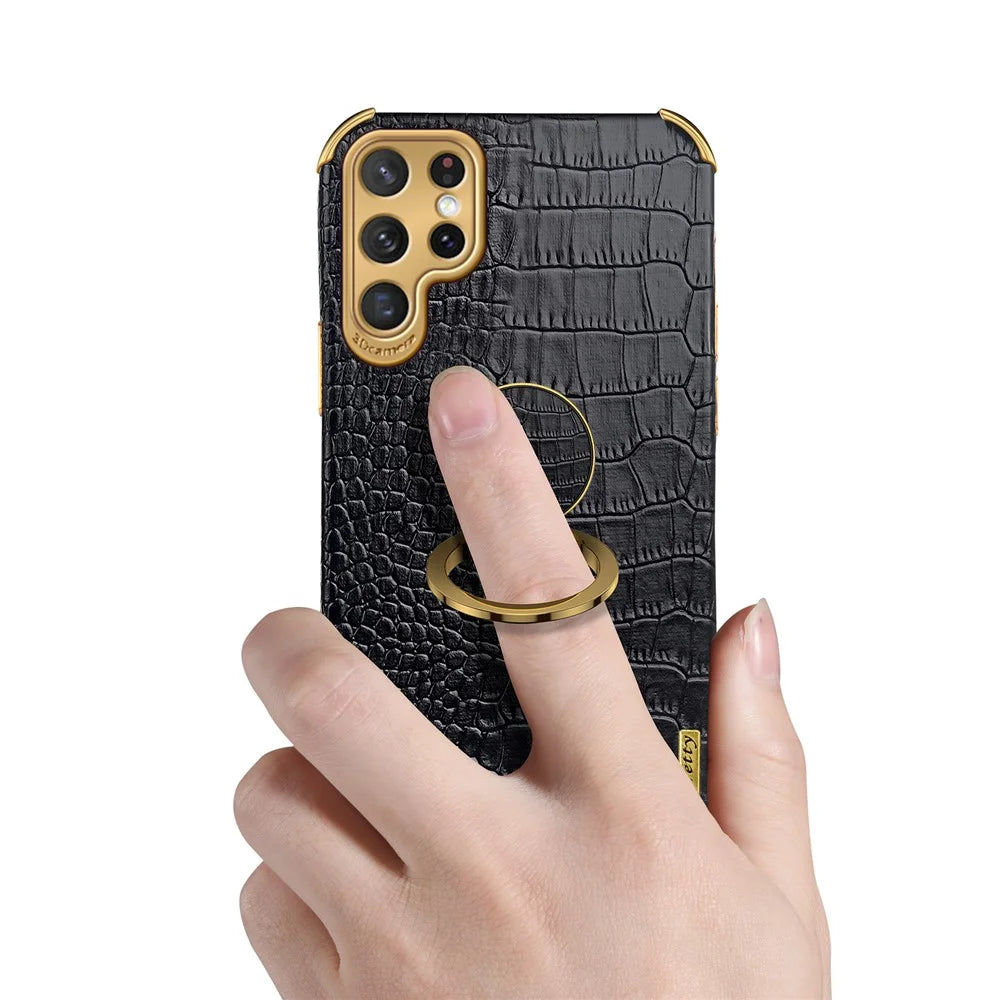 For Samsung Galaxy S22 Ultra 5G Shockproof Phone Cover Bag Crocodile Texture Kickstand Electroplating Finger Ring Holder PU Leather Coated TPU Phone Case - Black - 7