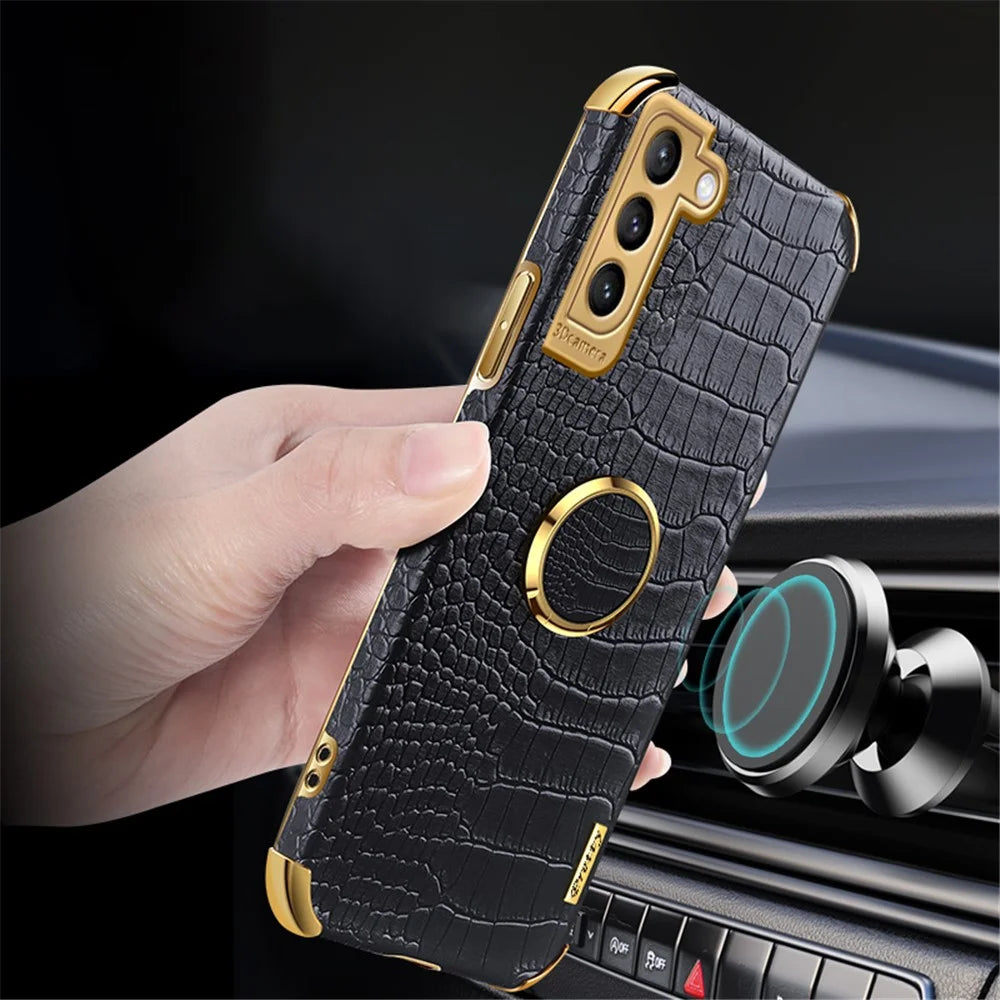 For Samsung Galaxy S22 5G Mobile Phone Cover PU Leather+TPU Crocodile Texture Kickstand Electroplating Finger Ring Holder Phone Case - Black - 3