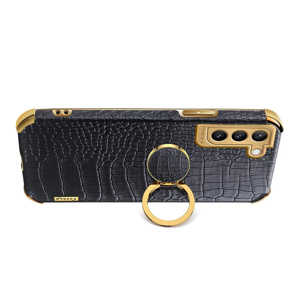 For Samsung Galaxy S22 5G Mobile Phone Cover PU Leather+TPU Crocodile Texture Kickstand Electroplating Finger Ring Holder Phone Case - Black - 6