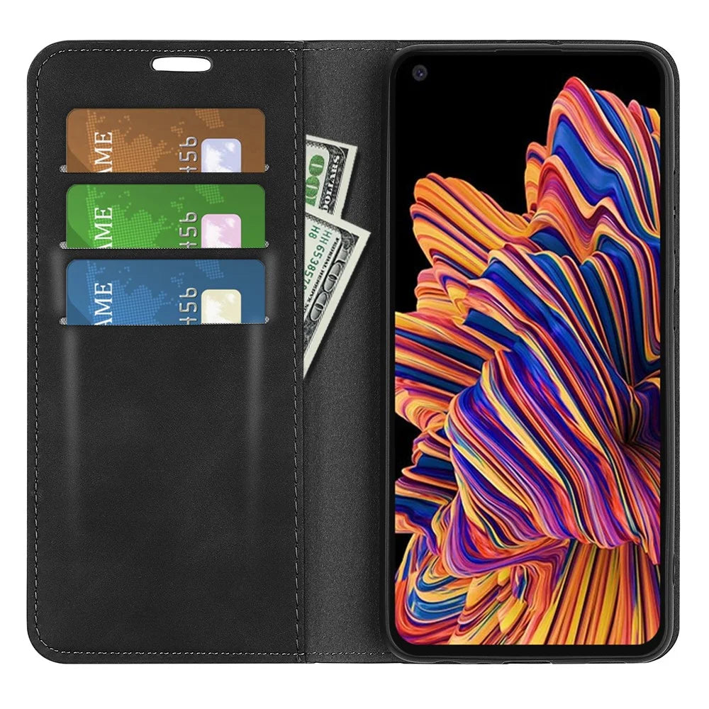 For Samsung Galaxy Xcover Pro PU Leather Attached TPU Inner Case Stand Function Magnetic Auto-absorbed Skin Touch Flip Wallet Phone Cover - Black - 5