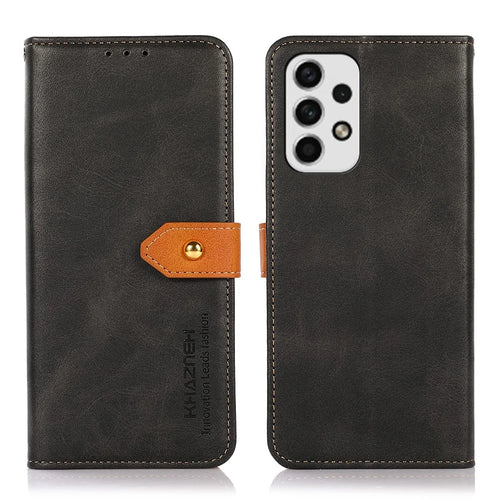 KHAZNEH For Samsung Galaxy A23 4G / 5G (Global Version) Drop Proof Dual-color Golden Magnetic Clasp PU Leather Flip Cell Phone Case Stand Cover with Wallet - Black - 1