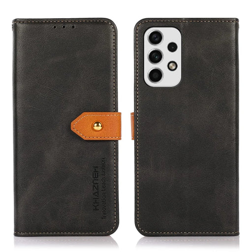 KHAZNEH For Samsung Galaxy A23 4G / 5G (Global Version) Drop Proof Dual-color Golden Magnetic Clasp PU Leather Flip Cell Phone Case Stand Cover with Wallet - Black - 1