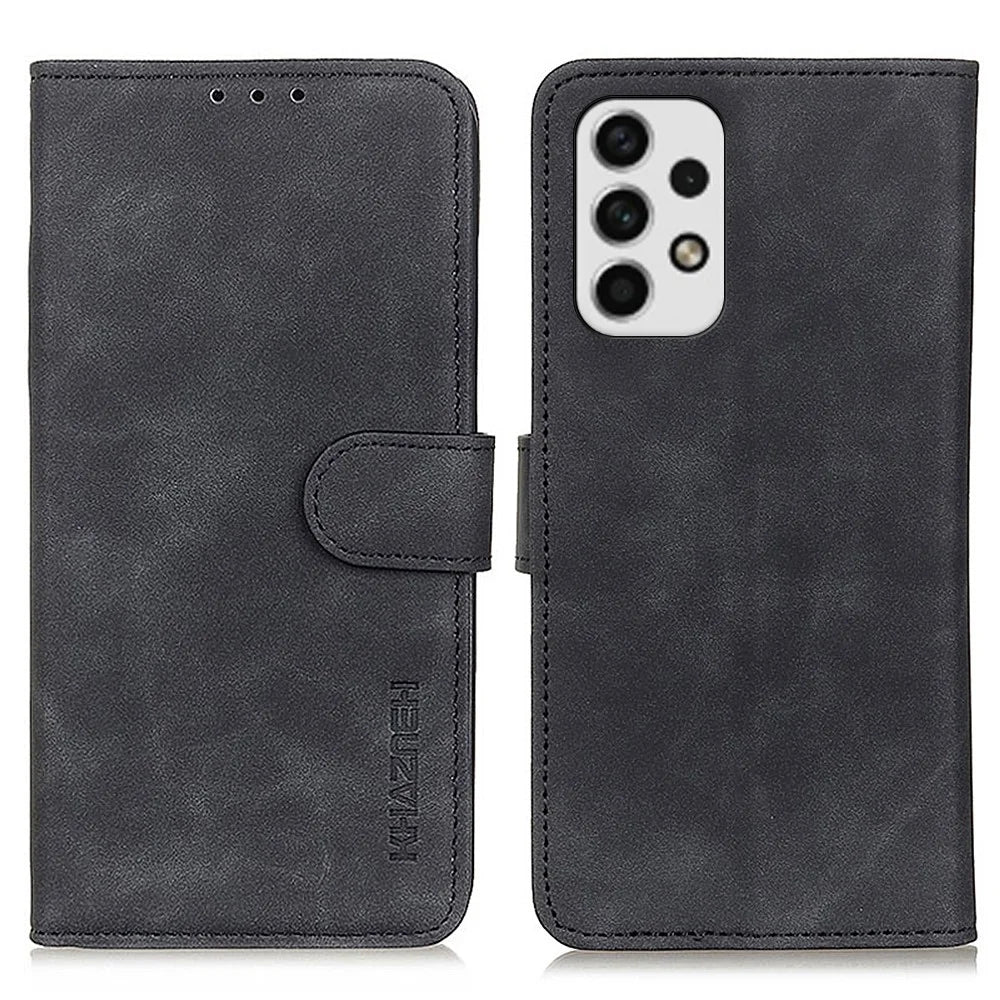 KHAZNEH Retro Texture PU Leather Cover for Samsung Galaxy A23 4G / 5G (Global Version) with Wallet Stand Anti-Drop Phone Case Accessory - Black - 1