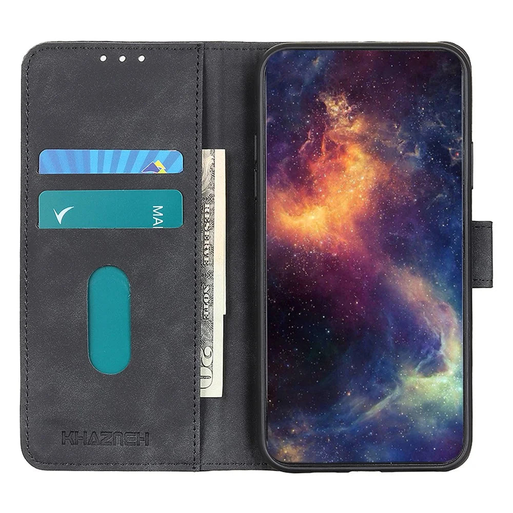KHAZNEH Retro Texture PU Leather Cover for Samsung Galaxy A23 4G / 5G (Global Version) with Wallet Stand Anti-Drop Phone Case Accessory - Black - 4