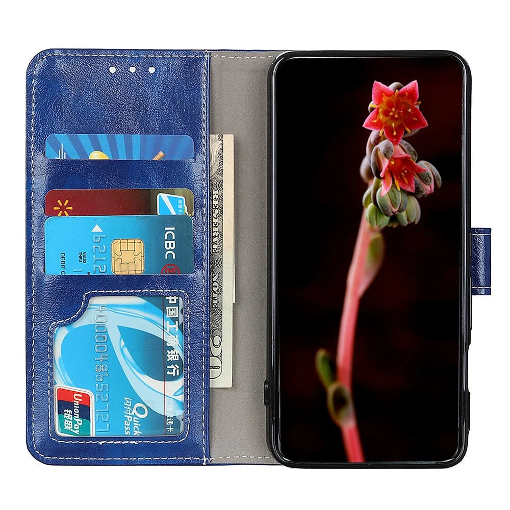 Retro Style Crazy Horse Texture Leather Case for Samsung Galaxy A23 4G / 5G (Global Version), Folio Flip Wallet Stand Design Phone Case Cover Accessory - Blue - 4