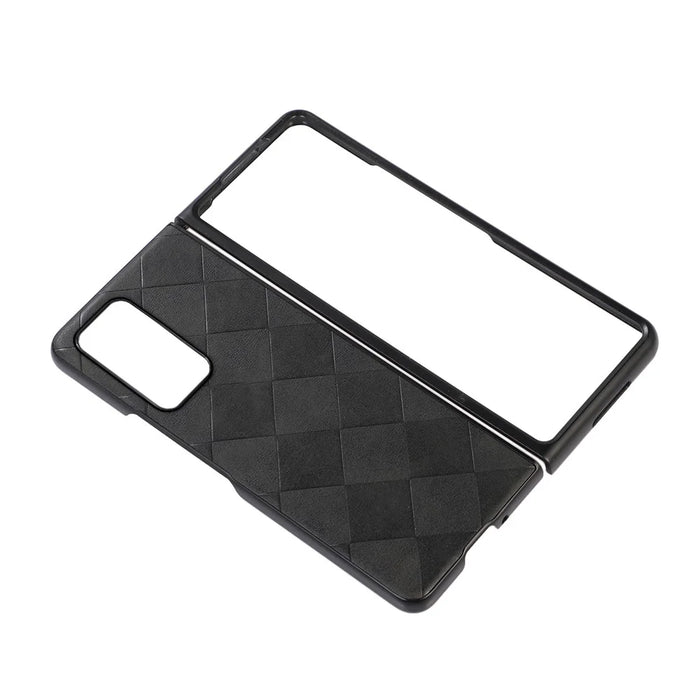 For Samsung Galaxy Z Fold2 5G PC+TPU Hybrid Phone Case Coated with Grid Texture PU Leather Phone Accessory - Black - 3