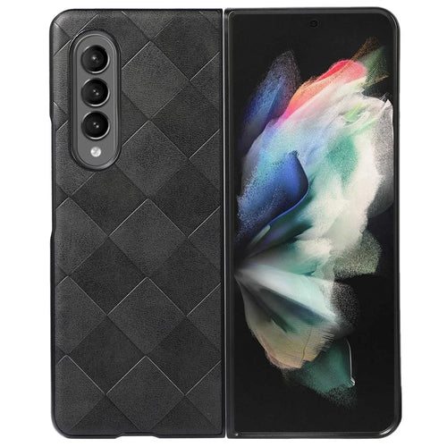 Grid Texture Phone Case for Samsung Galaxy Z Fold3 5G, PU Leather Coated PC + TPU Hybrid Cover Shell - Black - 1