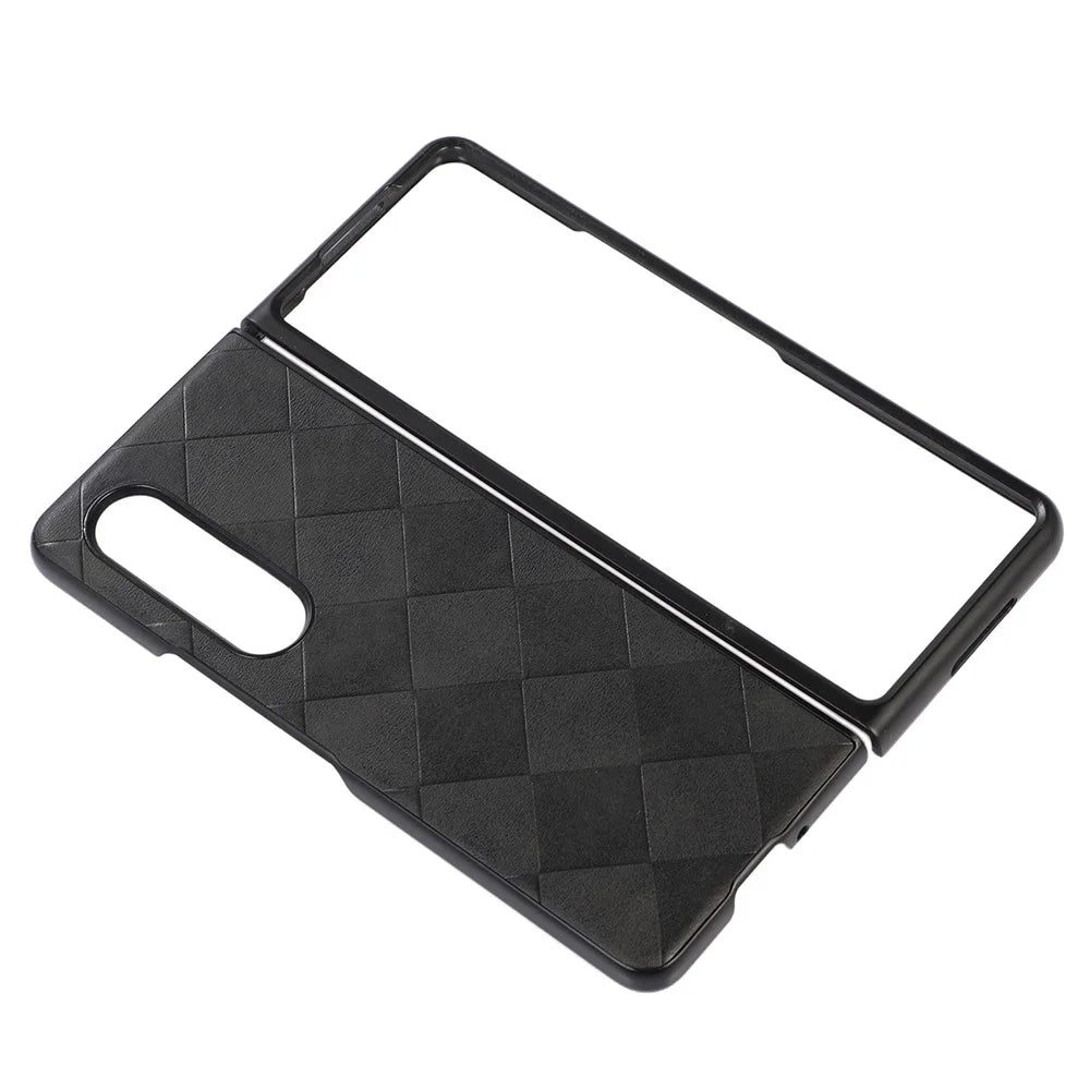 Grid Texture Phone Case for Samsung Galaxy Z Fold3 5G, PU Leather Coated PC + TPU Hybrid Cover Shell - Black - 3