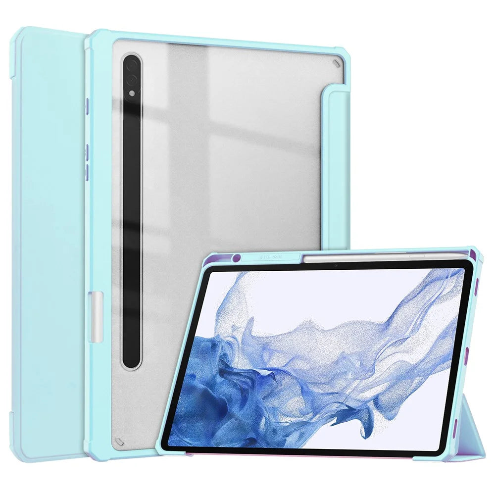 For Samsung Galaxy Tab S8 Tri-fold Stand PU Leather + TPU + Acrylic Smart Tablet Cover Case with Pen Slot - Sky Blue - 1