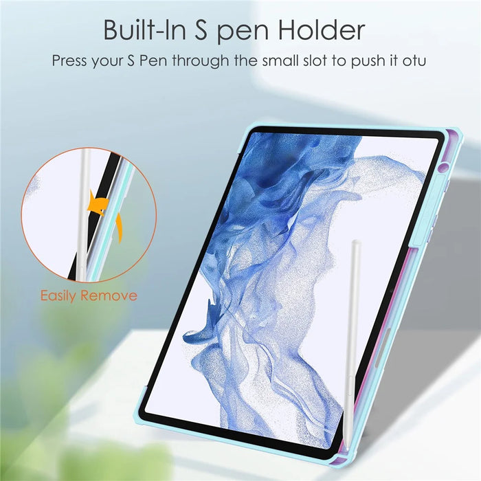 For Samsung Galaxy Tab S8 Tri-fold Stand PU Leather + TPU + Acrylic Smart Tablet Cover Case with Pen Slot - Sky Blue - 2