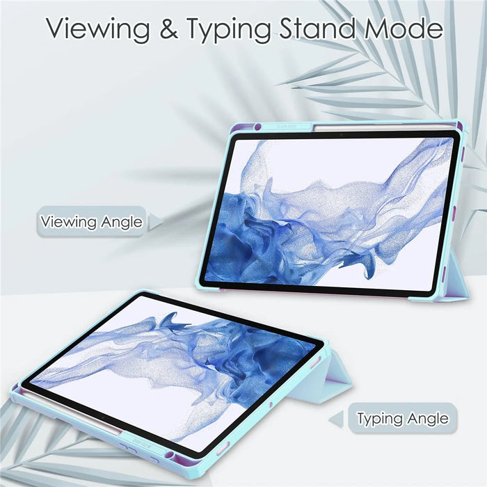 For Samsung Galaxy Tab S8 Tri-fold Stand PU Leather + TPU + Acrylic Smart Tablet Cover Case with Pen Slot - Sky Blue - 3