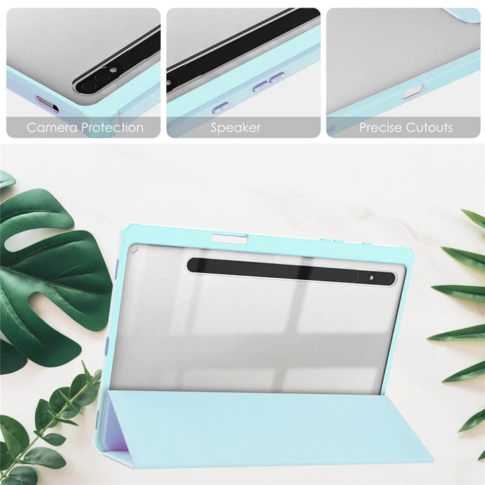 For Samsung Galaxy Tab S8 Tri-fold Stand PU Leather + TPU + Acrylic Smart Tablet Cover Case with Pen Slot - Sky Blue - 4