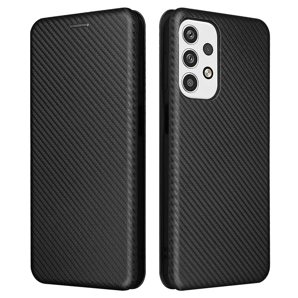 For Samsung Galaxy A23 4G / 5G (Global Version) Carbon Fiber Texture PU Leather Flip Case Card Holder Magnetic Absorption All-Inclusive Stand Cover - Black - 1