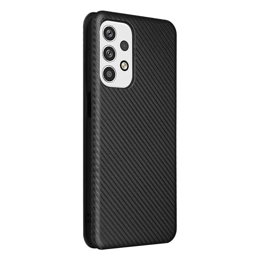 For Samsung Galaxy A23 4G / 5G (Global Version) Carbon Fiber Texture PU Leather Flip Case Card Holder Magnetic Absorption All-Inclusive Stand Cover - Black - 3