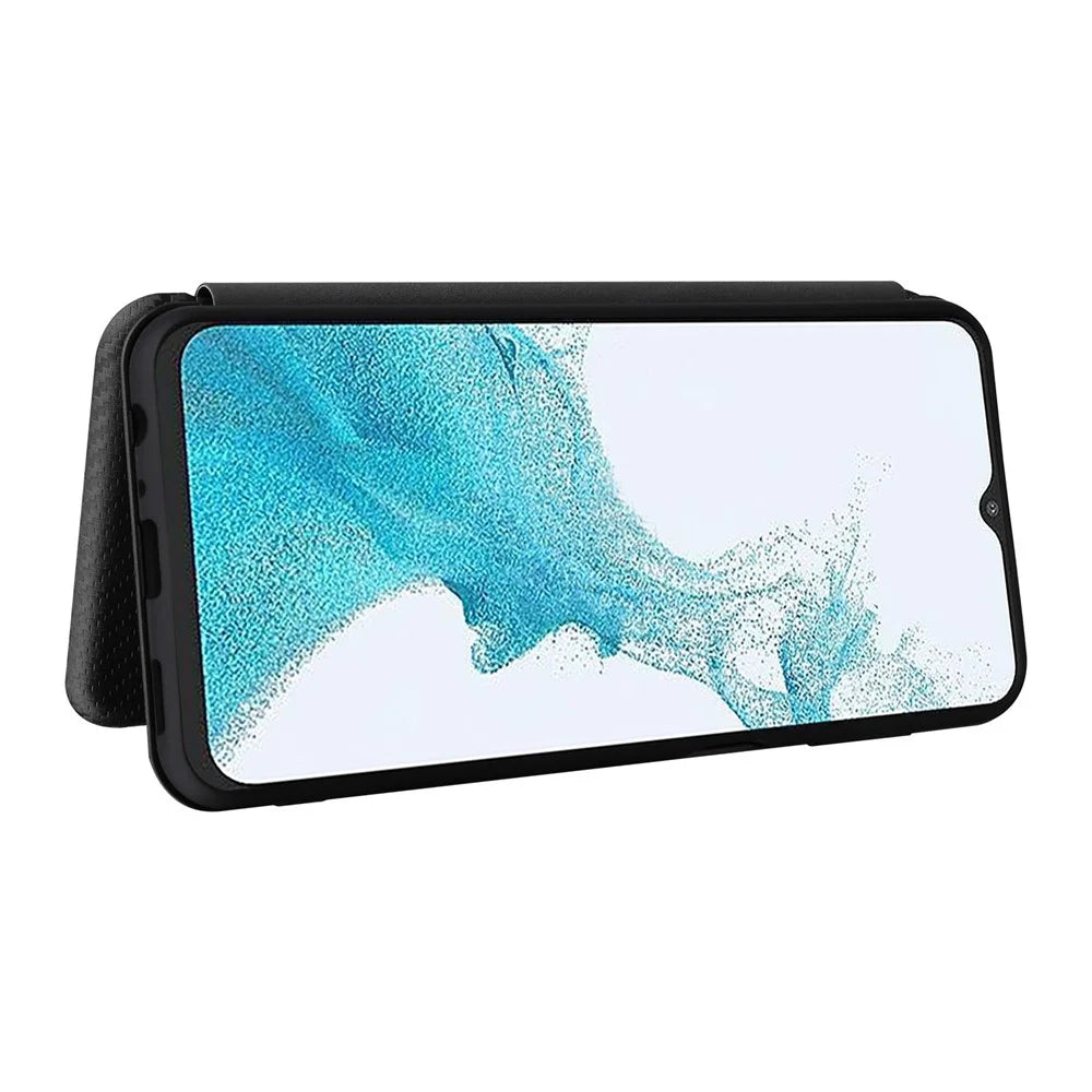For Samsung Galaxy A23 4G / 5G (Global Version) Carbon Fiber Texture PU Leather Flip Case Card Holder Magnetic Absorption All-Inclusive Stand Cover - Black - 4