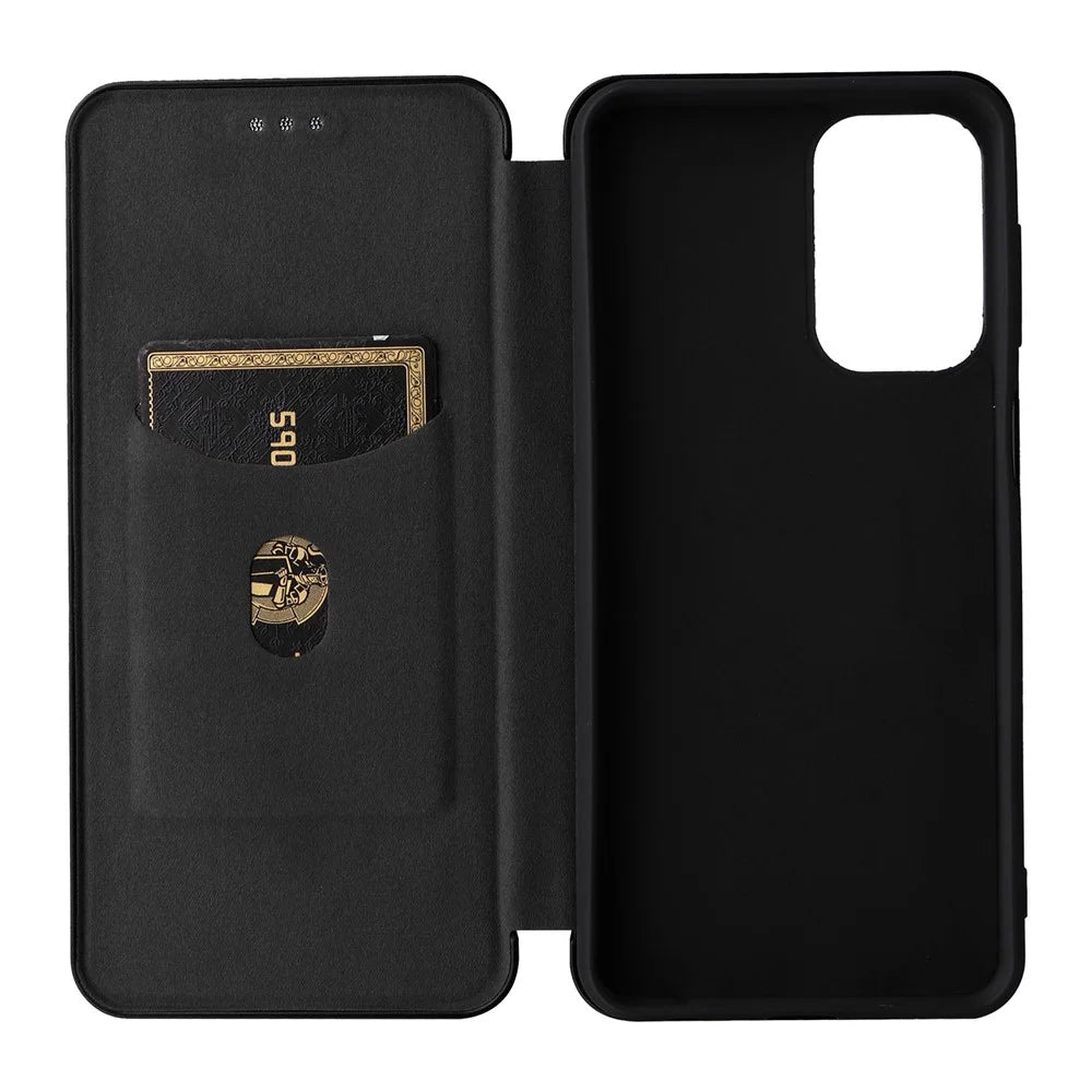 For Samsung Galaxy A23 4G / 5G (Global Version) Carbon Fiber Texture PU Leather Flip Case Card Holder Magnetic Absorption All-Inclusive Stand Cover - Black - 5