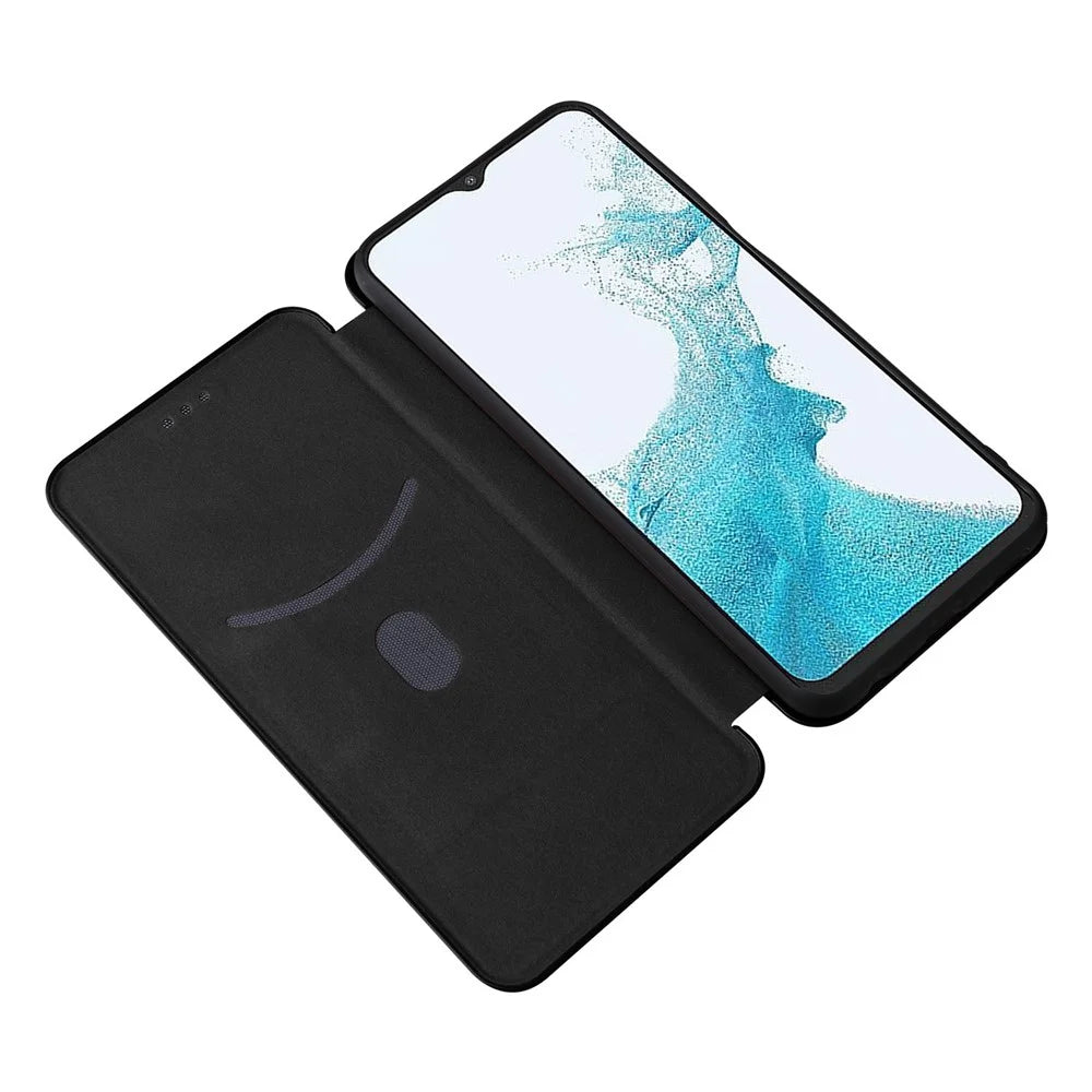 For Samsung Galaxy A23 4G / 5G (Global Version) Carbon Fiber Texture PU Leather Flip Case Card Holder Magnetic Absorption All-Inclusive Stand Cover - Black - 6