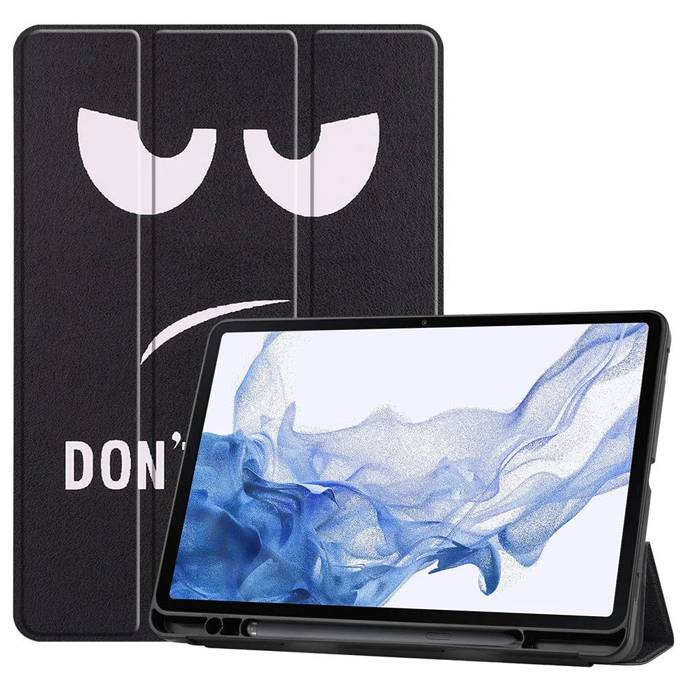 Pattern Printing Tablet Case for Samsung Galaxy Tab S8, PU Leather Tri-fold Stand Cover with Pencil Holder - Don't Touch Me - 1