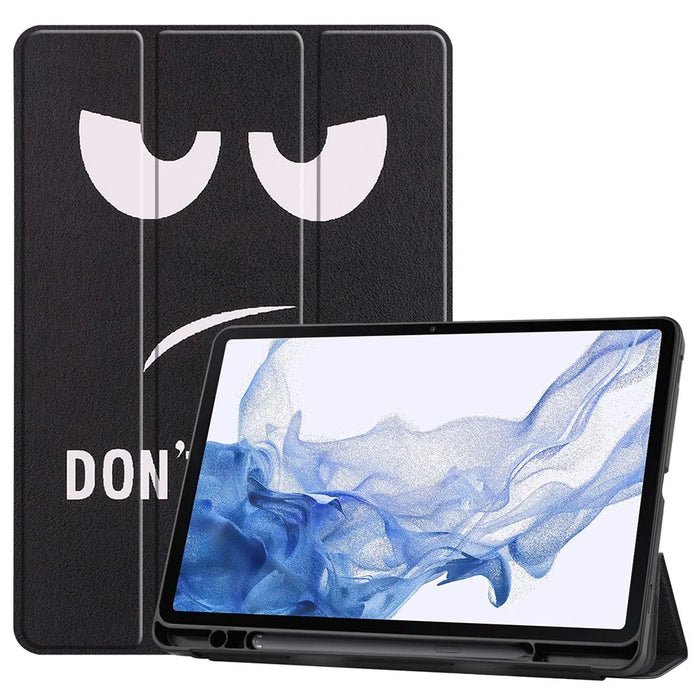 Pattern Printing Tablet Case for Samsung Galaxy Tab S8, PU Leather Tri-fold Stand Cover with Pencil Holder - Don't Touch Me - 1