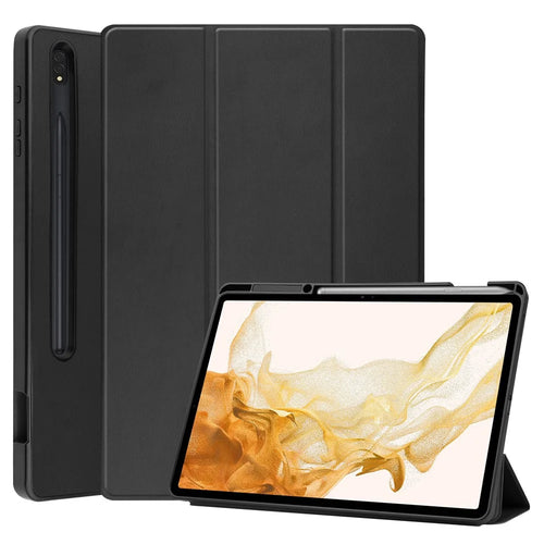 For Samsung Galaxy Tab S8+ Anti-scratch Shockproof TPU+PU Leather Trifold Stand Auto Sleep/Wake Design Tablet Cover with Pencil Holder - Black - 1