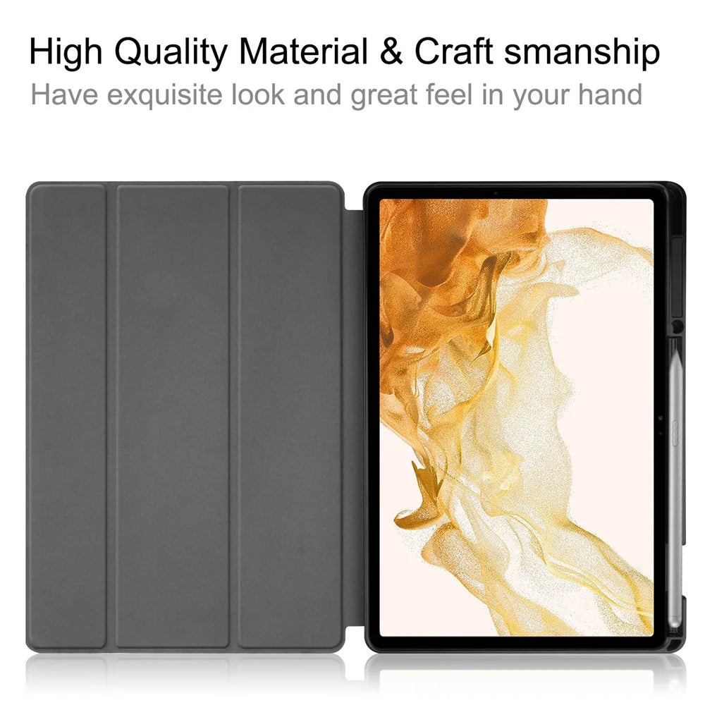 For Samsung Galaxy Tab S8+ Anti-scratch Shockproof TPU+PU Leather Trifold Stand Auto Sleep/Wake Design Tablet Cover with Pencil Holder - Black - 4