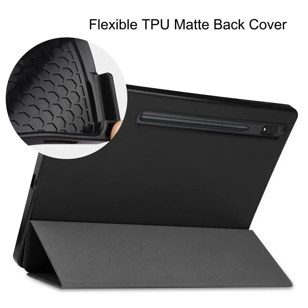 For Samsung Galaxy Tab S8+ Anti-scratch Shockproof TPU+PU Leather Trifold Stand Auto Sleep/Wake Design Tablet Cover with Pencil Holder - Black - 6