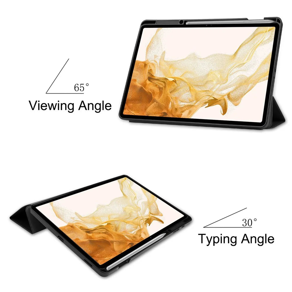 For Samsung Galaxy Tab S8+ Anti-scratch Shockproof TPU+PU Leather Trifold Stand Auto Sleep/Wake Design Tablet Cover with Pencil Holder - Black - 7