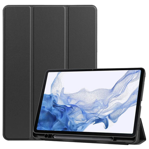 For Samsung Galaxy Tab S8 TPU+PU Leather Trifold Stand Auto Sleep/Wake Function Tablet Protective Cover with Pencil Holder - Black - 1
