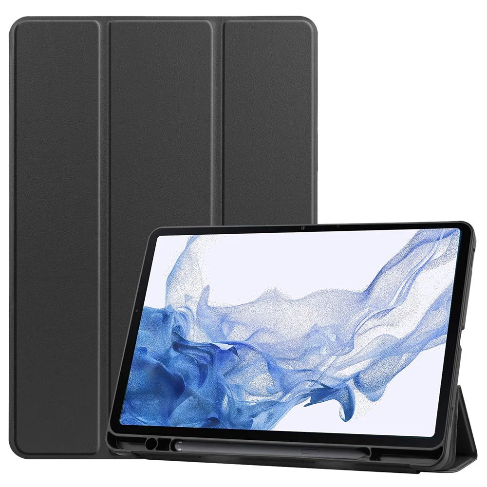 For Samsung Galaxy Tab S8 TPU+PU Leather Trifold Stand Auto Sleep/Wake Function Tablet Protective Cover with Pencil Holder - Black - 1