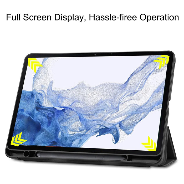 For Samsung Galaxy Tab S8 TPU+PU Leather Trifold Stand Auto Sleep/Wake Function Tablet Protective Cover with Pencil Holder - Black - 5