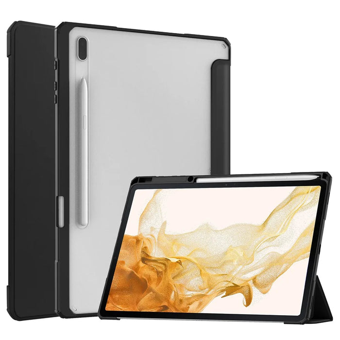 For Samsung Galaxy Tab S8+ Tri-fold Stand PU Leather Tablet Case TPU + Transparent Acrylic Back Cover with Pen Slot - Black - 1