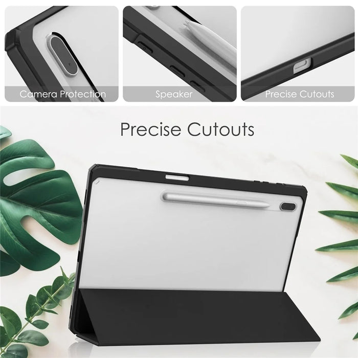 For Samsung Galaxy Tab S8+ Tri-fold Stand PU Leather Tablet Case TPU + Transparent Acrylic Back Cover with Pen Slot - Black - 4
