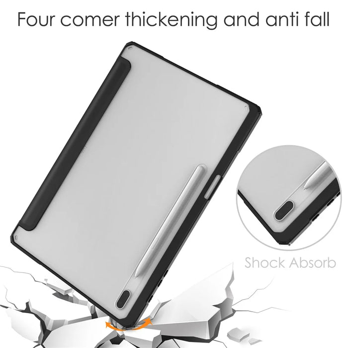 For Samsung Galaxy Tab S8+ Tri-fold Stand PU Leather Tablet Case TPU + Transparent Acrylic Back Cover with Pen Slot - Black - 6