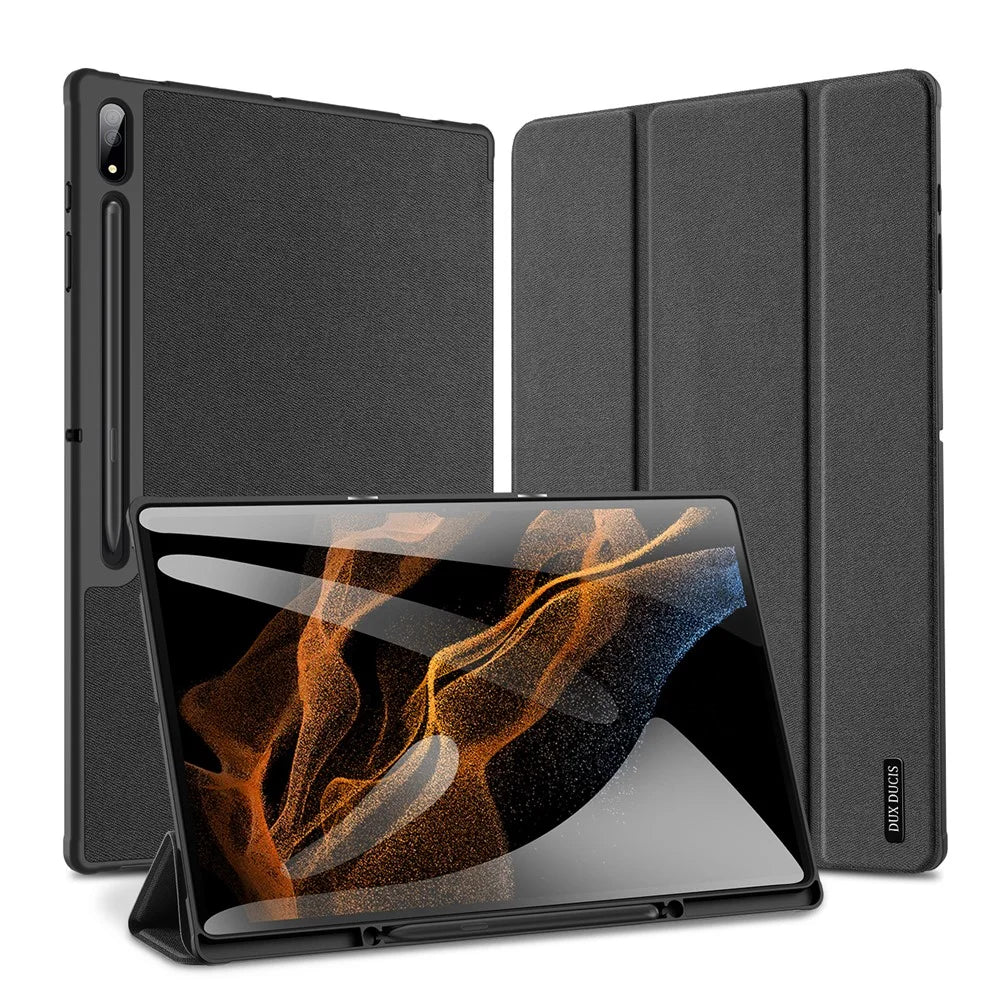 DUX DUCIS DOMO Series Trifold Stand Cover for Samsung Galaxy Tab S8 Ultra, Auto Sleep/Wake PU Leather Anti-scratch Case with Pencil Holder - Black - 2