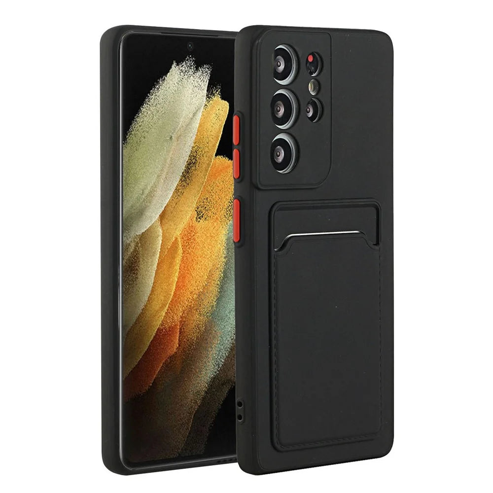 For Samsung Galaxy S22 Ultra 5G Soft TPU Anti-Scratch Camera Protection Cover with Card Holder - Black - 1