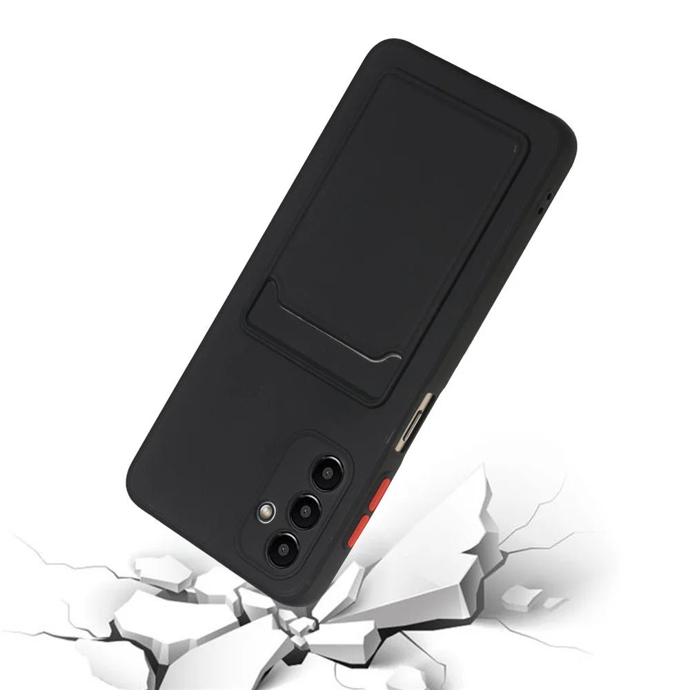 For Samsung Galaxy A13 5G / A04s 4G (164.7mm) Camera Lens Protection Shockproof TPU Non-Slip Phone Case with Card Holder - Black - 5