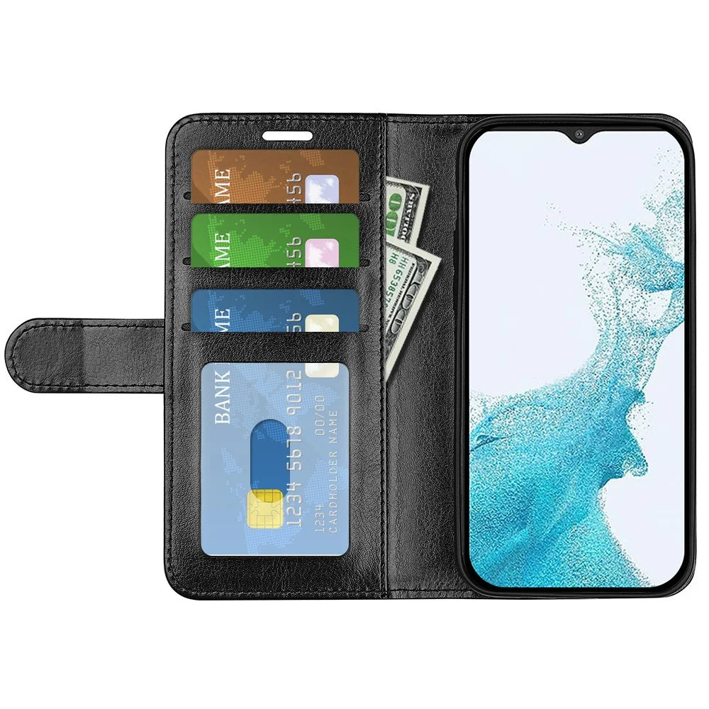 For Samsung Galaxy A23 4G / 5G (Global Version) Crazy Horse Texture Folio Flip Leather Cover Wallet Stand Phone Case - Black - 4