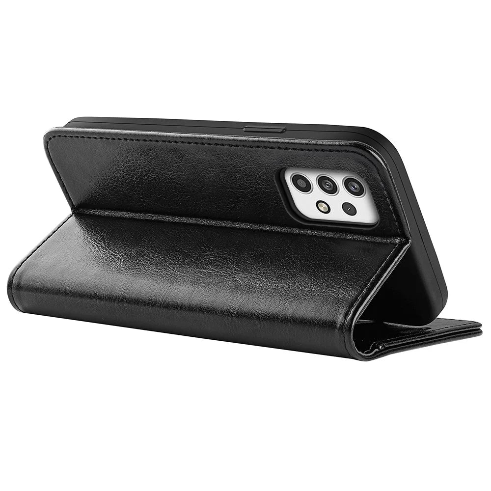 For Samsung Galaxy A23 4G / 5G (Global Version) Crazy Horse Texture Folio Flip Leather Cover Wallet Stand Phone Case - Black - 6