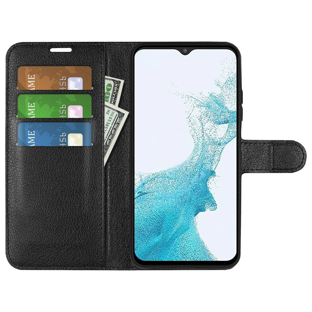 For Samsung Galaxy A23 4G / 5G (Global Version) PU Leather + TPU Leather Case Litchi Texture Full Protection Stand Wallet Phone Cover - Black - 4